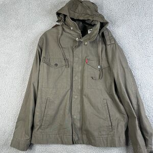 Levi Strauss Jacket Mens XL Green Washed Canvas Military Coat Hideaway Hood